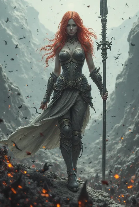 Dark souls theme. Very pretty girl, white skin, red hair, big boobs, wearing armor, wrecking battle, mobile, big spear, standing on a cliff with enemies around