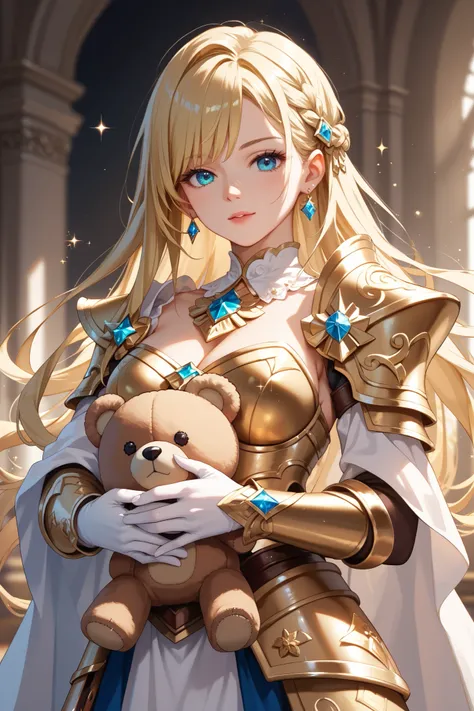 A female swordsman wearing luxurious Western-style golden armor, blonde,holds a sword ,(Teddy bear on the side ), Warm Light, Sparkling Effects , the light is shining 。 high resolution, best quality,masterpiece, glitter effect,