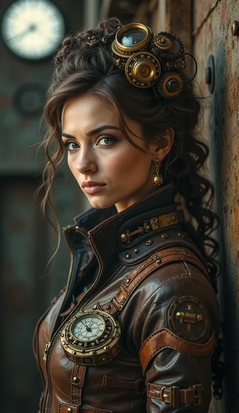 a steampunk lady with detailed mechanical elements and sophisticated design. Perfect for inspiring your own unique style