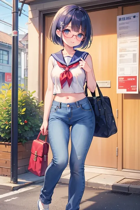  full body、  full picture、  teenage woman  、 denim bloom jeans that show off breasts and shoulders、  long pants、Glasses、School bag、Summer sailor uniform、 sleeveless、short bob、belly button、stomach、  no bra、Nipples、schools、Outdoors、 is embarrassing、