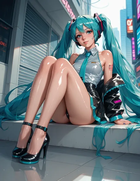  Hatsune Miku, in a cyberpunk city, black heels, ((( shiny skin))), (((Sexy slender legs)))