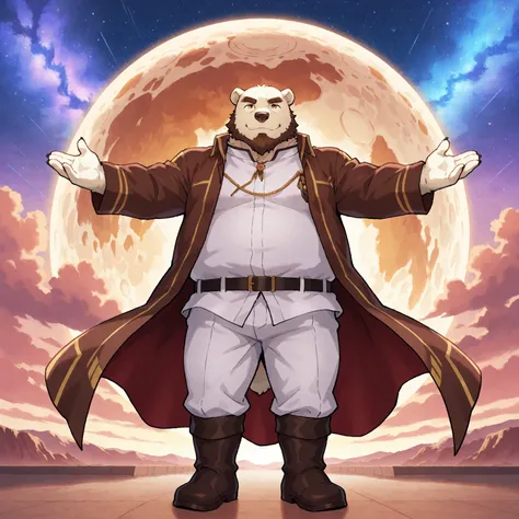 character focus, full body, looking away, dynamic angle, astrologer, plump middle-aged polar bear man, little smile, magical costume clothes, magical robe, shirt, half pants, boots, standing arms rised in the air, searching for stars, dynamic pose, BREAK f...