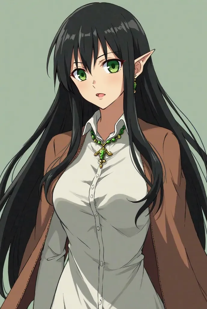 I want you to do it in the anime style of Bleach and Yumi Akeno, a 200-year-old female elf with long black hair and green eyes. Her clothes are a white dress shirt and a brown cape, On her neck she has a green necklace and on her ears she has earrings. Her...