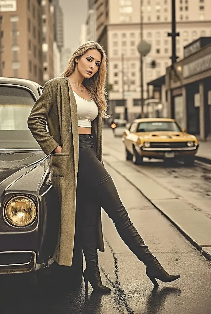 (( 1970's movie scene、Sepia、black and white record jacket photo、  masterpiece、 accurate and realistic detailed depiction))、( 1970's New York cityscape 、Wet road surface、Dodge Challenger、leaning against a car 、Tall young beautiful woman、 Fashion Models、slen...