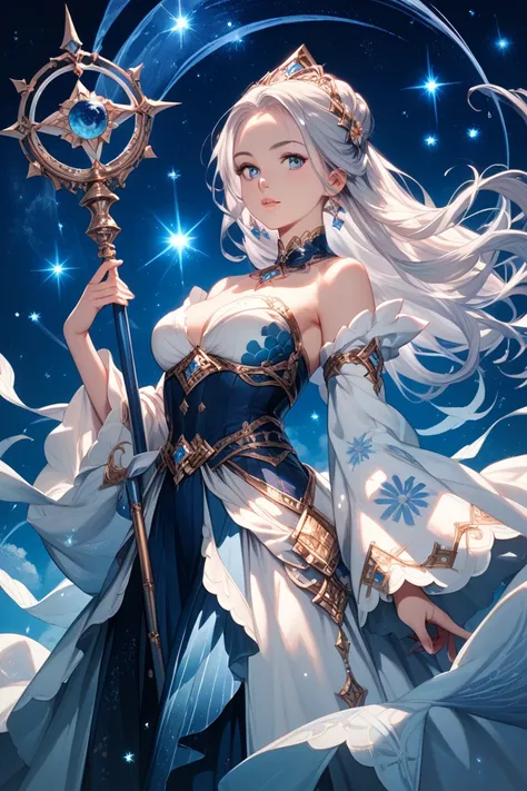 "A graceful anime-style female mage with long silver hair sparkling like starlight, deep blue eyes, wearing a starry blue and white robe with magical patterns, holding a staff, standing under a night sky with seven moons, cool and elegant expression, detai...