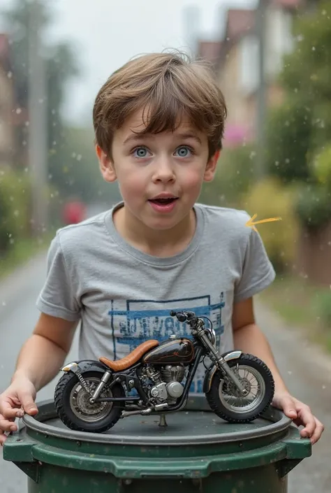 A 15-year-old boy is surprised with a smile. The boy has an arrow pointing to himself while driving an inverted motorcycle inside a garbage bin. The second arrow on the second side shows the boy marketing a motor cycle and marketing professionally. The fir...