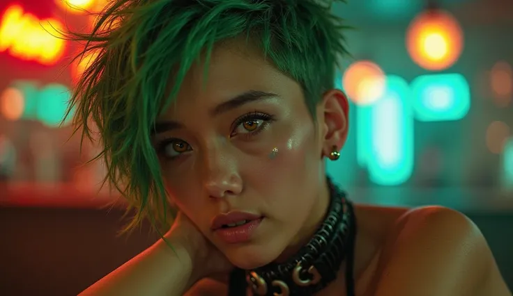 a far shot of a right angle face shot of a tanned half korean with green cyberpunk short edgy hair from the bahamas, she is tanned from the bahamas with yellow eye pupils,  she is sitting in a smokey bar , she looks into the camera with conviction, she is ...