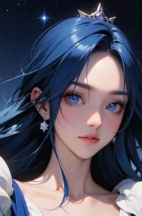  Greatest Masterpie、*teeth、with ultramarine blue hair like the night sky、has eyes that harbor the brilliance of the stars、The Glittering Princess in the Celestial Realm、