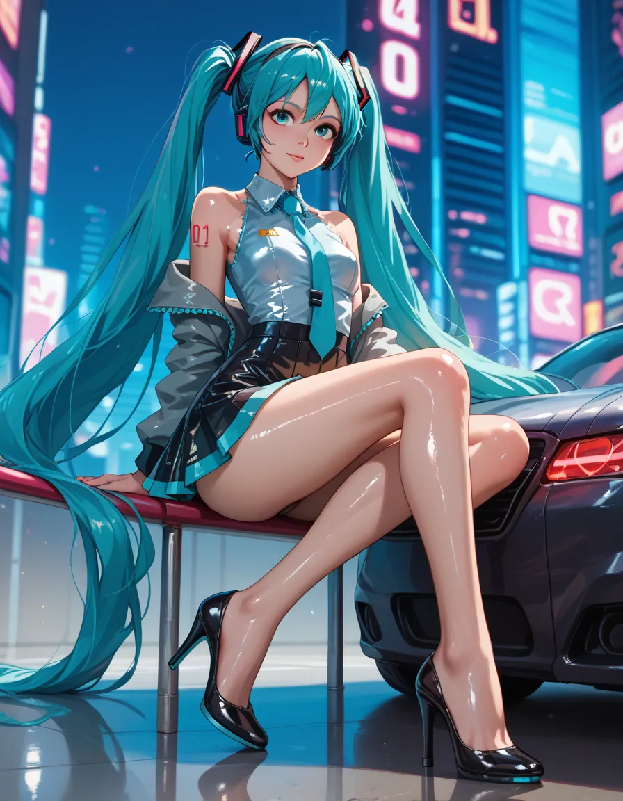 Hatsune Miku, in a cyberpunk city, black heels, (((shiny skin))), (((sexy slender legs))), skirt, blue tie, sexy cleavage 