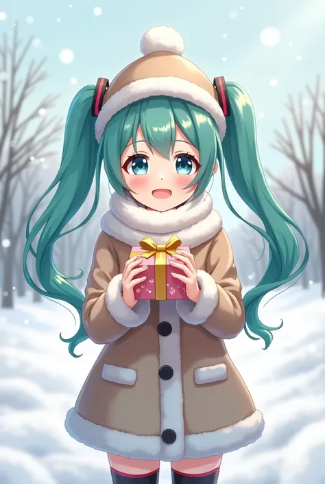 Miku vocaloid in winter clothes holding a gift (2d anime style)