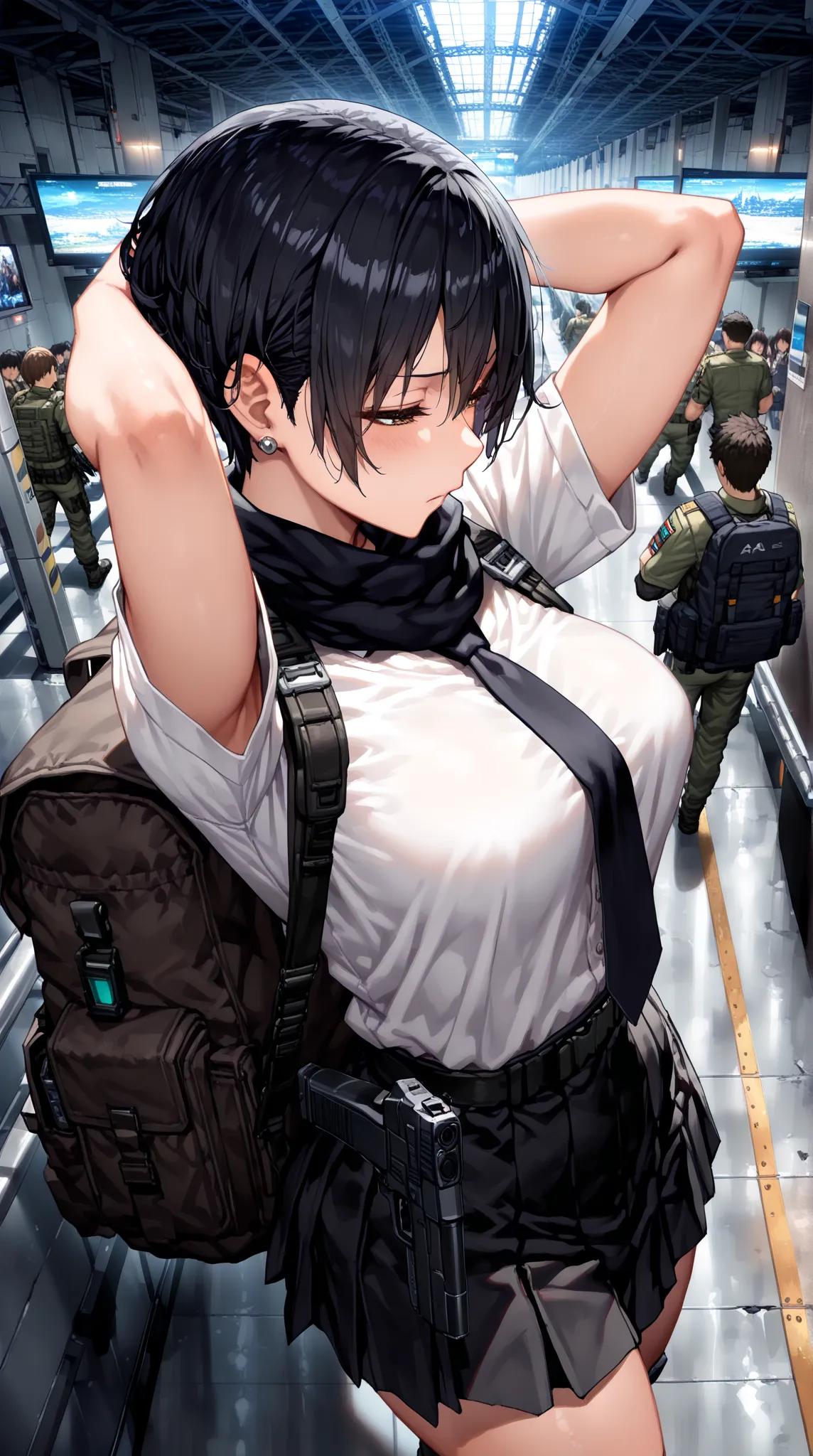 (8k,wallpaper of extremely detailed CG unit  ,(masterpiece, highest quality), very detailed, highest quality, official art, beautiful and aesthetic: 1.2), 1 woman, (A ruined world:1.3), curvy, black hair,medium breasts, pixie cut ,white short sleeve dress ...