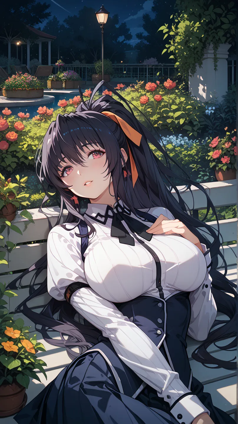 Sexy Akeno Himejima, UHD, black hair,  long hair, large breasts, garden wearing a school uniform, in a garden at night, lying on a bench, pose sexy, 