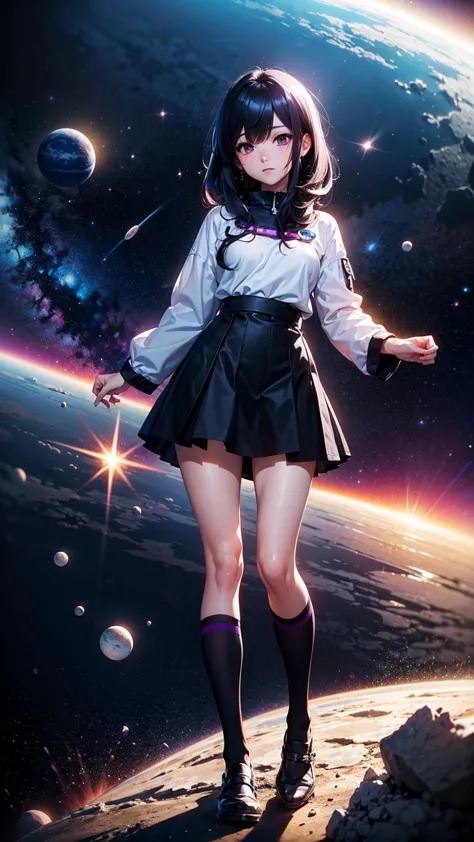 Semi-Realistic Anime Style , Airbrush & Soft Glow, Bevel & Emboss Efekti ,Rim Lighting, Specular Highlighting, knee high black socks , anime girl , 4k ultra quality anime sytle ,okul eteği , korean top , space purple and black hair , yatar pozisyonda , ark...