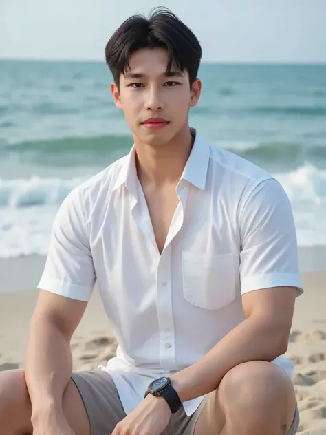 Korean handsome man wearing a white shirt, sitting by the beach, with the sea behind him, not buttoned, shorts 