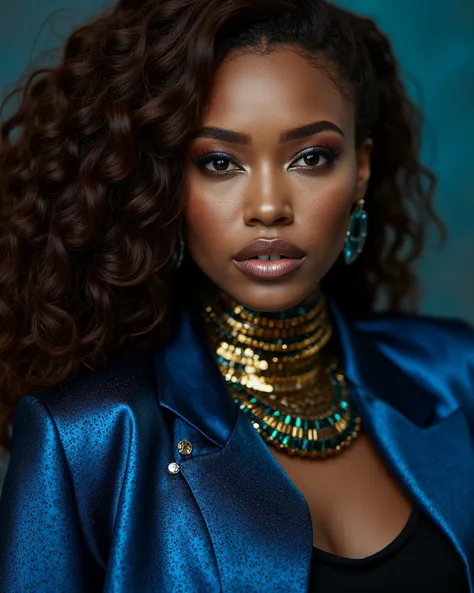 Ultra-photorealistic Vogue editorial of a 24-year-old model with glossy mahogany waves, sapphire-blue eyes (detailed limbal rings, diamond catchlights), and pore-perfect skin (dewy T-zone, cinnamon freckles). She wears a bias-cut silk charmeuse gown in a m...