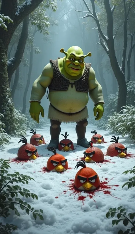 i need realistic picture sherk stranding on a angry birds and angry birds lie down in floor with bleeding in snow jungle
