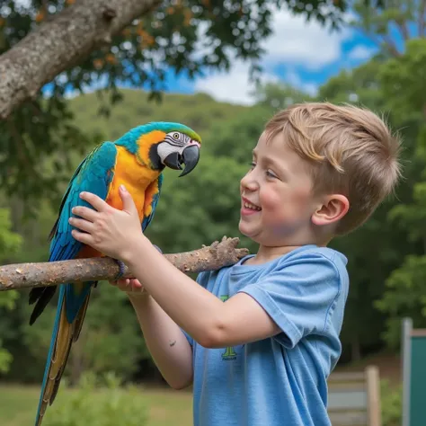 Benny and Sunny Playing Outside
- Image prompt: A happy  (Benny) playing outside with a bright and colorful parrot (Sunny) perched on his shoulder.
