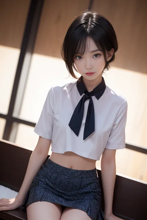 ( masterpiece, TOP QUALITY:1.2), 16k, s, 85mm, Official Art, RAW photo, Confused,  white dress shirt,  cute face , close,  upper body, Viola Lace,  Gardenia ,  beautiful girl,  school uniform, (navy pleated skirt:1.1),  Tighten Your Waist , Thin thighs, Sh...