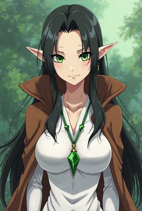 I want you to do it in the anime style of Bleach and Yumi Akeno, a 200-year-old female elf with long black hair and emerald green eyes. Her clothes are a white outfit and a brown wizard cape, On her neck she has a green necklace and on her ears she has ear...