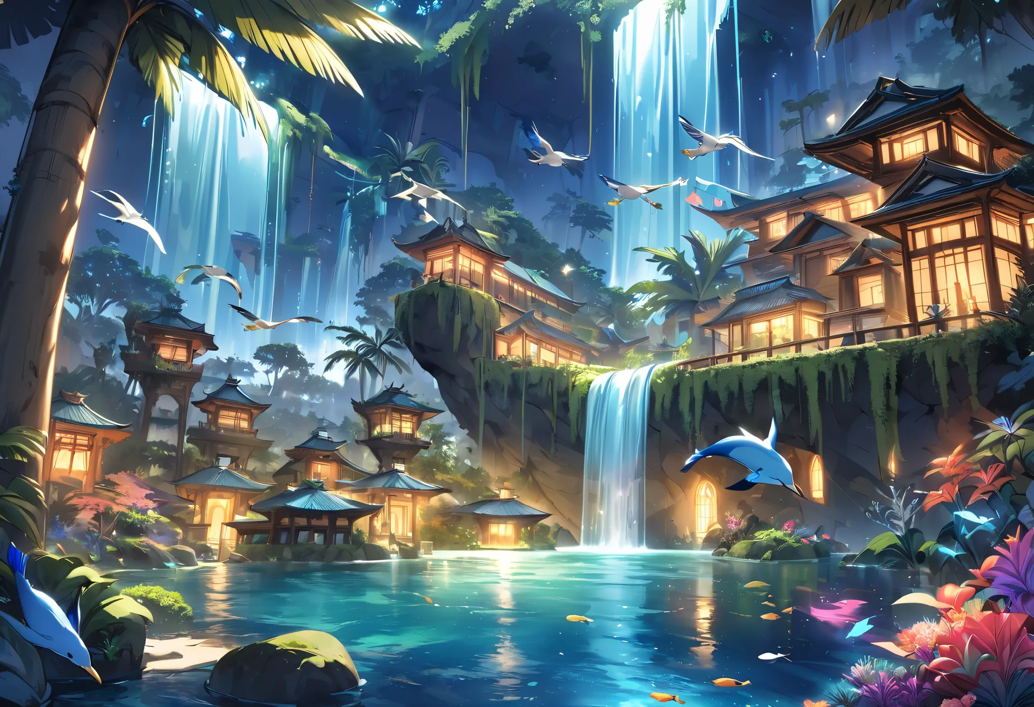  "A breathtaking fantasy landscape featuring a lush tropical rainforest with cascading waterfalls. The scene is illuminated by a mystical blue glow, creating a dreamlike atmosphere. A serene lagoon at the center reflects the surrounding vibrant greenery an...