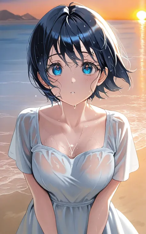 Above chest, upper body,close,solo, 1 girl, dark blue short hair wet with water, blue eyes,plain white dress,( white clothes)Short sleeve,Breasts that are about the size of a good size,outside, random cute poses ,random cute expressions,I'm looking over he...