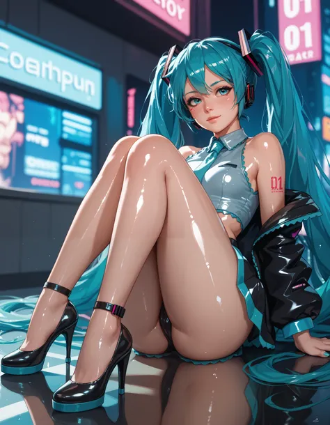  Hatsune Miku, in a cyberpunk city, black heels, ((( shiny skin))), (((Sexy slender legs)))