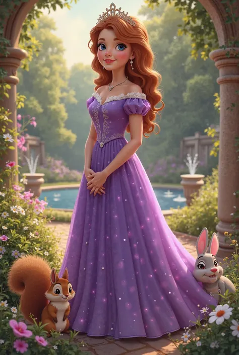  princess Sofia in purple dress in palace garden with squirrel and rabbit