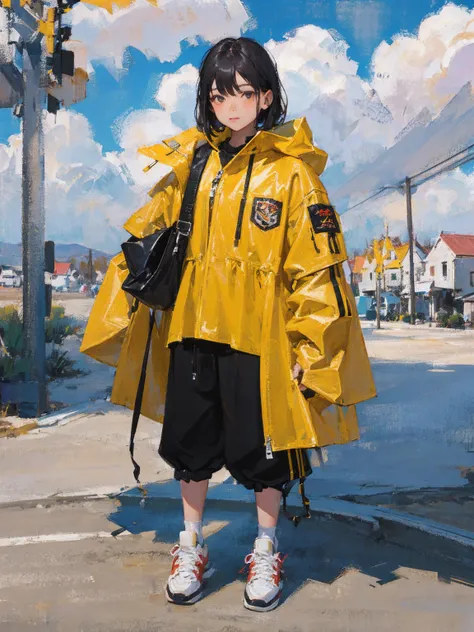 Photorealistic，Ultra High Precision，TOP QUALITY，TOP QUALITY，8k，RAW photo，very detailed， Ultra High Definition ，( very cute girl)，whole body，1 person，sneakers, cargo pants , oversized jacket