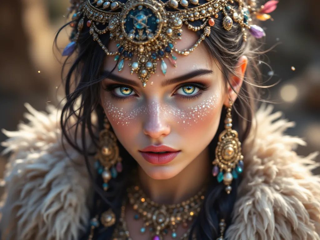  beautiful Cherokee woman 、 wearing a beautiful emerald headdress, , , copper, Pearl,  white and beige ,  feathers made of bright neon in various colors ,  flare on camera , Bokeh, Full Moon Night 
