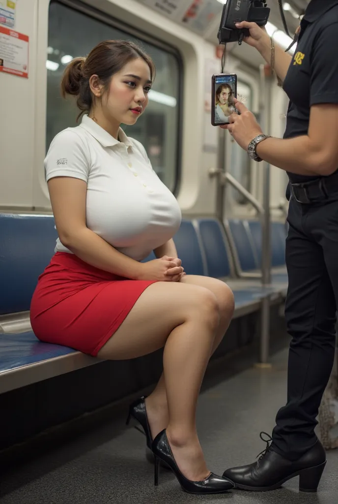 full body-view, long shot, frontal view, beautiful taiwanese woman, slightly fat, proud figure, slim waist, wearing white buttonless polo shirt, red shirt skirt, and black high heels shoes, sitting on a subway train. in front of her there is a man han, hol...