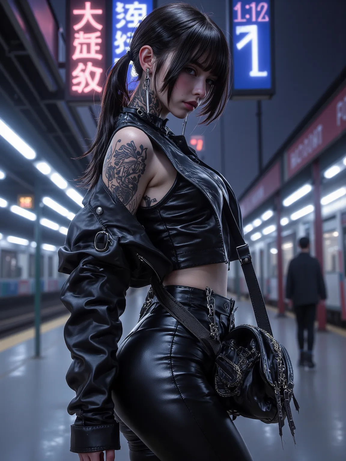 A cool girl，Side view，lens from top to bottom， Dark Hair，short ponytail，slim shoulder short tank top， black leather jacket ，black leather pants，black leather bag， black leather boots ， Thin ， big boobs 1 .2，Tattoos 1.5，Neon 1.2，background of train station ...