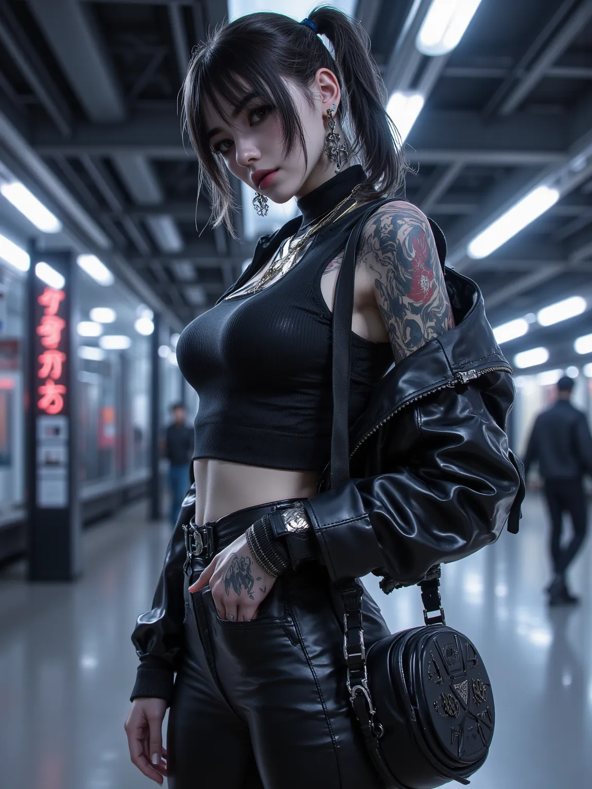 A cool girl，Side view，lens from top to bottom， Dark Hair，short ponytail，slim shoulder short tank top， black leather jacket ，black leather pants，black leather bag， black leather boots ， Thin ， big boobs 1 .2，Tattoos 1.5，Neon 1.2，background of train station ...