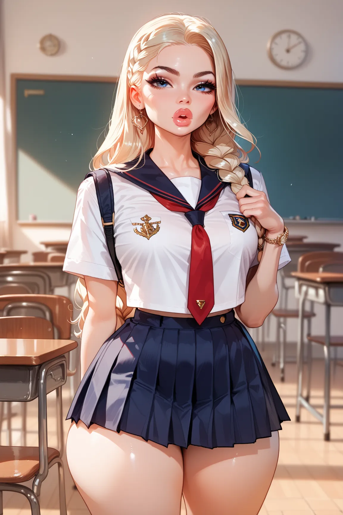 Young black teen brazilian girl, big lips, braided long hair, school uniform, large thighs, 