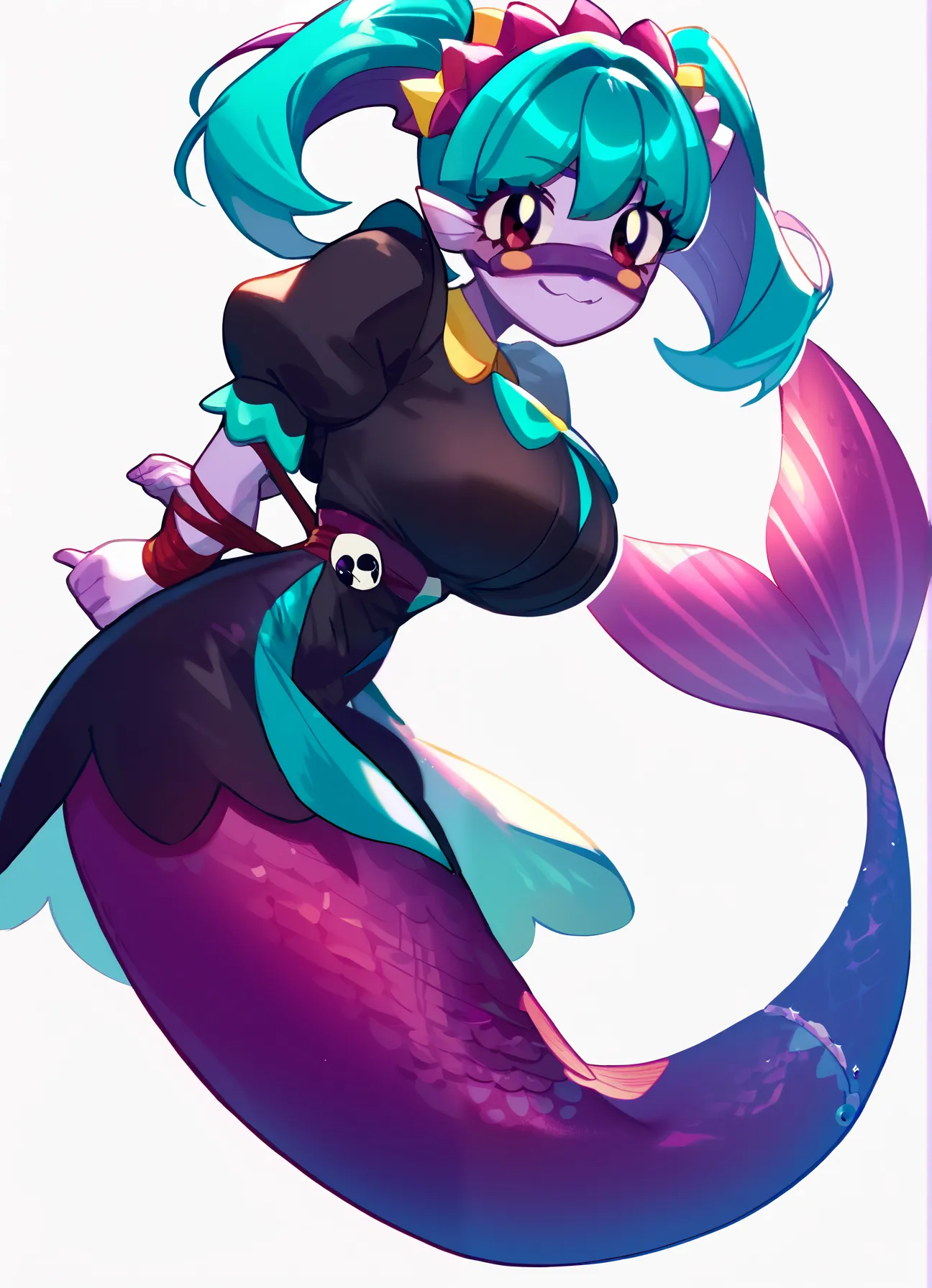 Score_9, Score_8_up, Score_7_up ,hkemz , 1girl , purple skin,  aqua hair, twintails, bangs,  purple nose band ,nose covered , blush stickers,   black dress , ,puffy sleeves ,  looking at viewer,posmach  , ??? smile ,, v , mermaid xl,  , full body , white b...