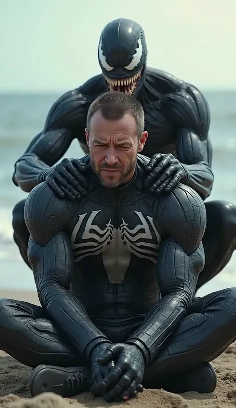 Venom  in venom costume is sitting on the beach and he's crying ,And tears are also coming from my eyes.and Venom is behind him with his hand on his shoulder and trying to quiet him. realistic, 4k , upscale ,8k