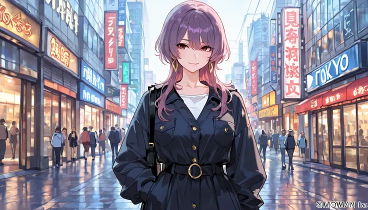 A woman is standing in tokyo city and smiling, high quality, 4k
