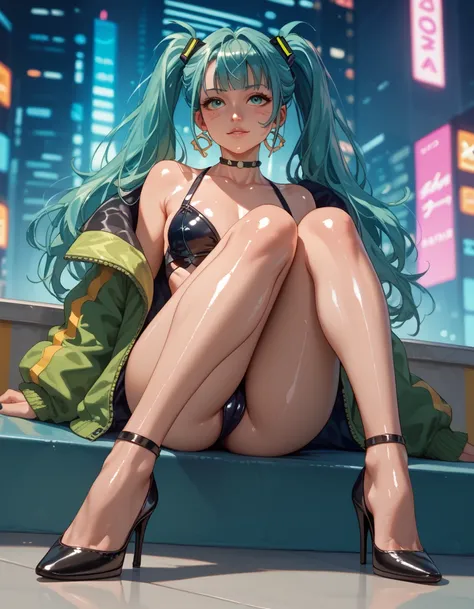 Brazilian Miku, in a cyberpunk city, black heels, (((shiny skin))), (((sexy slender legs)))