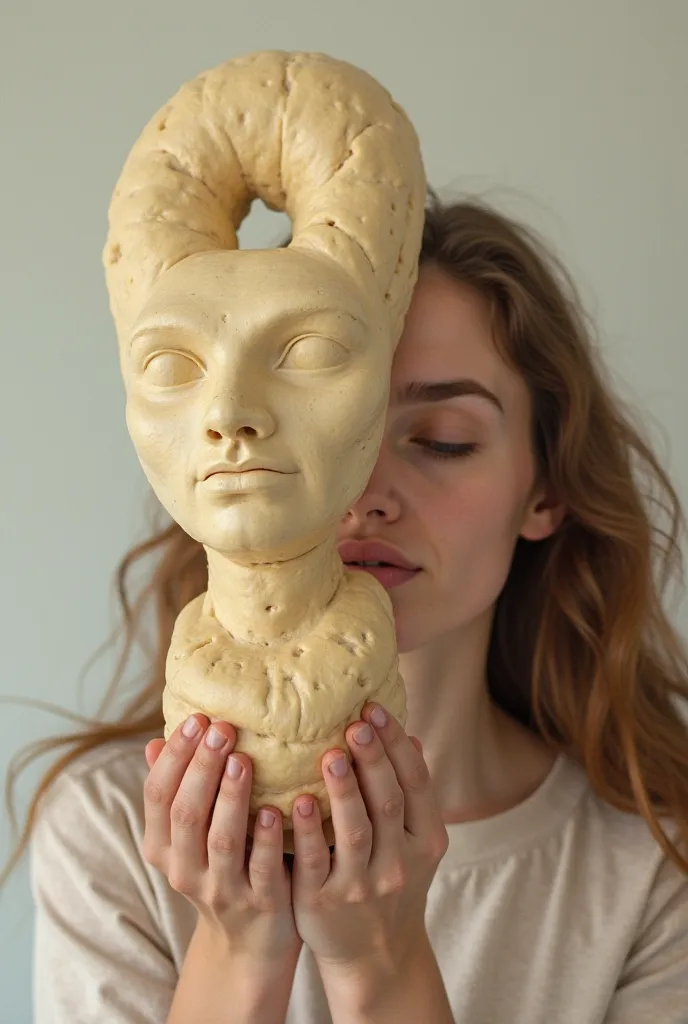 The head looks more like from the dough and it is connected to a round donut. And a 20 year old girl with brown hair holds it.