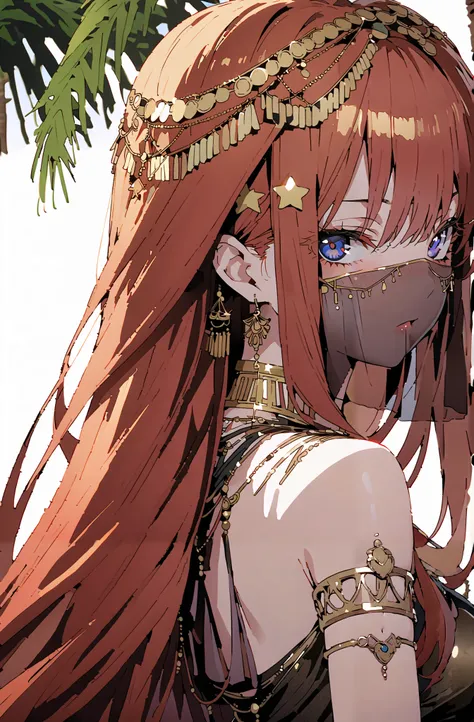 Nakano Mizuki ,  long hair,  blue eyes, hair ornaments close to the garden,  red hair, star (  symbol ), star hair ornaments close to the garden, Big Breasts, Chest Valley,Arabian clothing,  dancer , mouth Veil, belly Dancing, Veil,  armlet, palm tree, Bar...