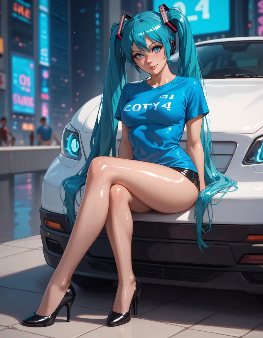 Hatsune Miku, in a cyberpunk city, black heels, (((shiny skin))), (((sexy slender legs))), (((blue tshirt))), (((breasts under tshirt))), (((Breasts coming out of the tshirt)))