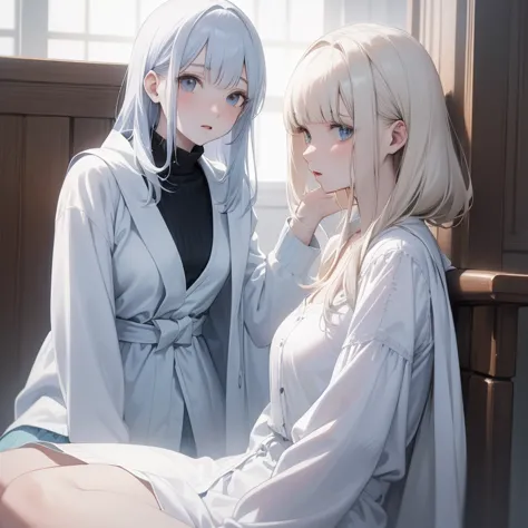 Women in their 20s,pale blond hair,Transparent white skin,Bangs are swept short,straggling hair,white blouse,Light blue cardigan,sleeveless robe worn by commoners