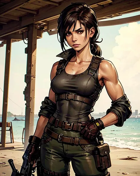 a military woman, well trained body, white sleeveless t-shirt, Exposed collarbone, beige leather shelter, blue pants, two leather belts with gun pockets, dark brown hair, carving, Brown eyes, hazel left eye, left eye with a scar, beach shore, at daytime, g...