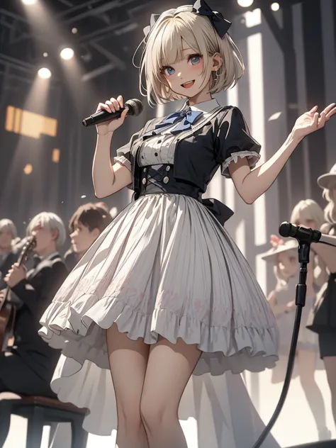 8k, TOP QUALITY, The real picture, complicated details, Very detailed, Ultra High Definition,  depth field, ( realistic, realistic), table top, ( full body shot), (( standing pose from an oblique front)), ((((Singing a song with a stand microphone )))), ((...