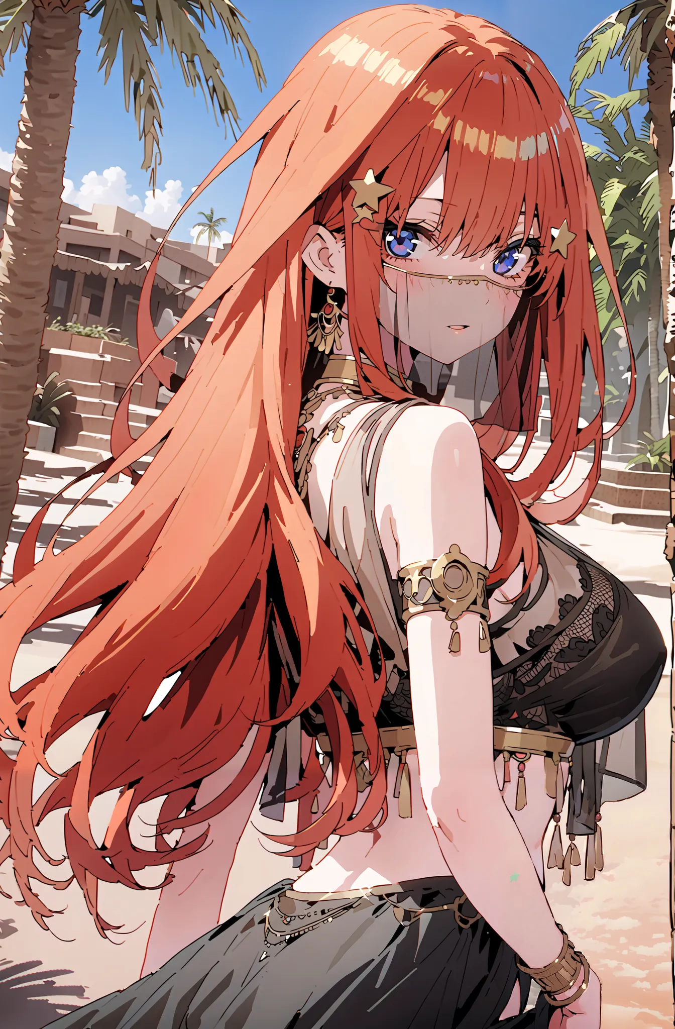 Nakano Mizuki ,  long hair,  blue eyes, hair ornaments close to the garden,  red hair, star (  symbol ), star hair ornaments close to the garden, Big Breasts, Chest Valley,Arabian clothing,  dancer , mouth Veil, belly Dancing, Veil,  armlet, palm tree, Bar...