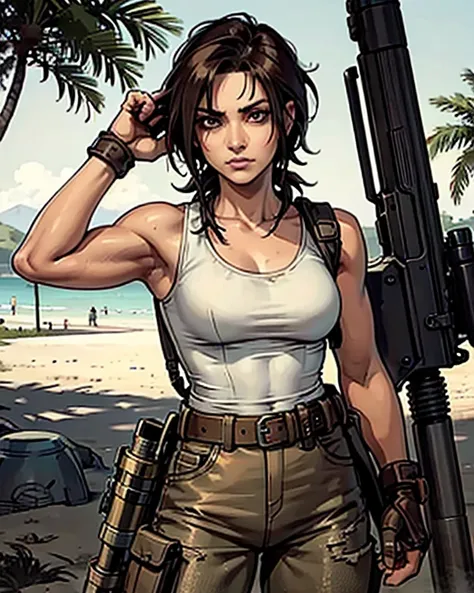 a military woman, well trained body, white sleeveless t-shirt, Exposed collarbone, beige leather shelter, blue pants, two leather belts with gun pockets, dark brown hair, carving, Brown eyes, hazel left eye, left eye with a scar, beach shore, at daytime, g...