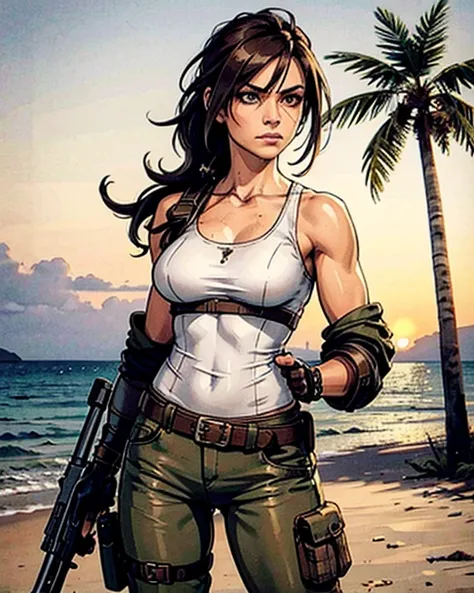 a military woman, well trained body, white sleeveless t-shirt, Exposed collarbone, beige leather shelter, blue pants, two leather belts with gun pockets, dark brown hair, carving, Brown eyes, hazel left eye, left eye with a scar, beach shore, at daytime, g...