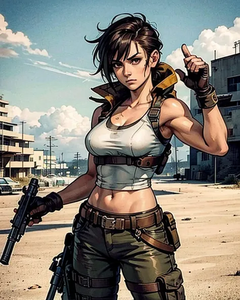 a military woman, well trained body, white sleeveless t-shirt, Exposed collarbone, beige leather shelter, blue pants, two leather belts with gun pockets, dark brown hair, carving, Brown eyes, hazel left eye, left eye with a scar, beach shore, at daytime, g...