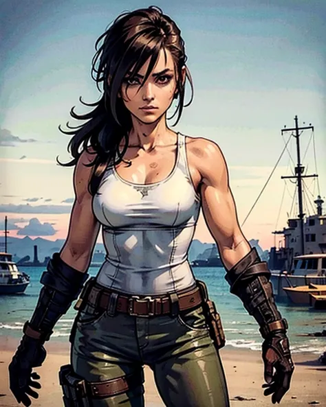 a military woman, well trained body, white sleeveless t-shirt, Exposed collarbone, beige leather shelter, blue pants, two leather belts with gun pockets, dark brown hair, carving, Brown eyes, hazel left eye, left eye with a scar, beach shore, at daytime, g...