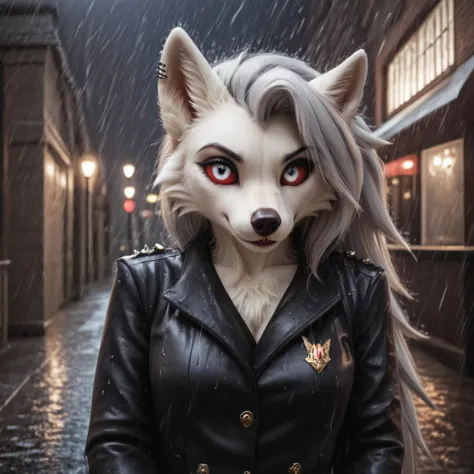 masterpiece, high quality, illustration, {beautiful detail girl}, beautiful glow in the details, beauty in dressing up, (Black jacket and trench coat), white eyes with red sclera, rainy street corner, rain, detailed lighting, detailed water, (beautiful det...