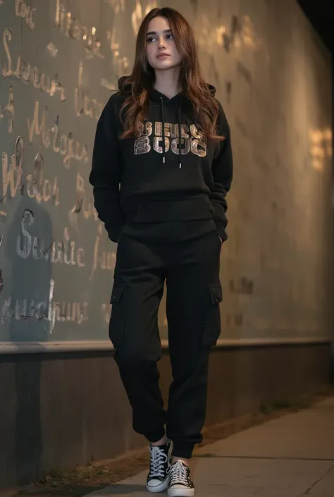 A beautiful young woman 20 years old long straight hair with side bangs wears a hooded black hodie with matching metal lettering with black long cargo pants , Black White Fulhd High Ratio Sneakers Night On The Sidewalk With Metal Writing Patterned Wall Bac...